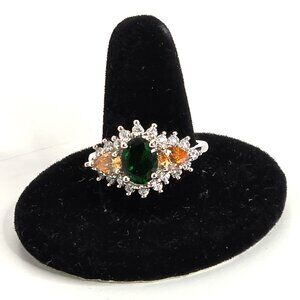 Sterling Silver Ring Emerald Green Citrine CZ Clusters